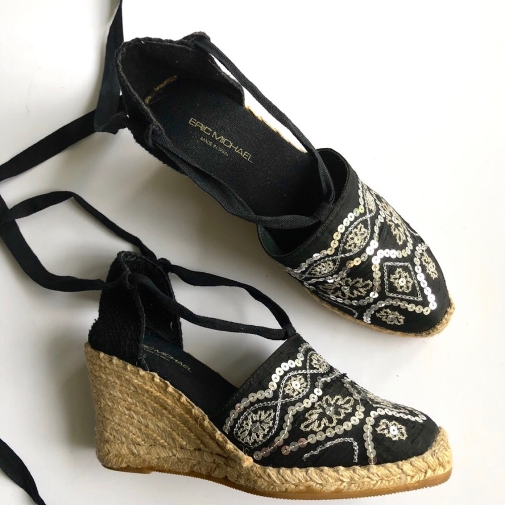 Eric Michael Sequin Espadrilles Wedged Heel